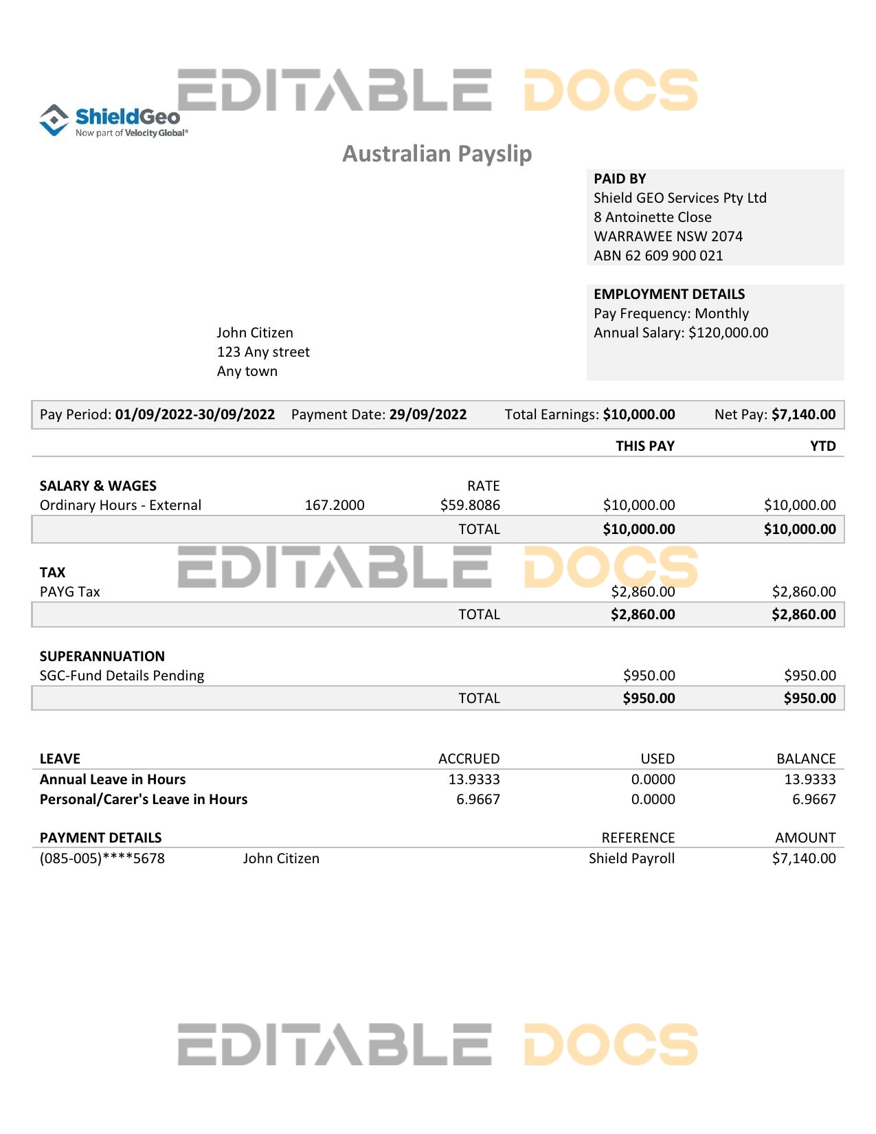 Australia Shield Geo consulting company pay stub Word and PDF template