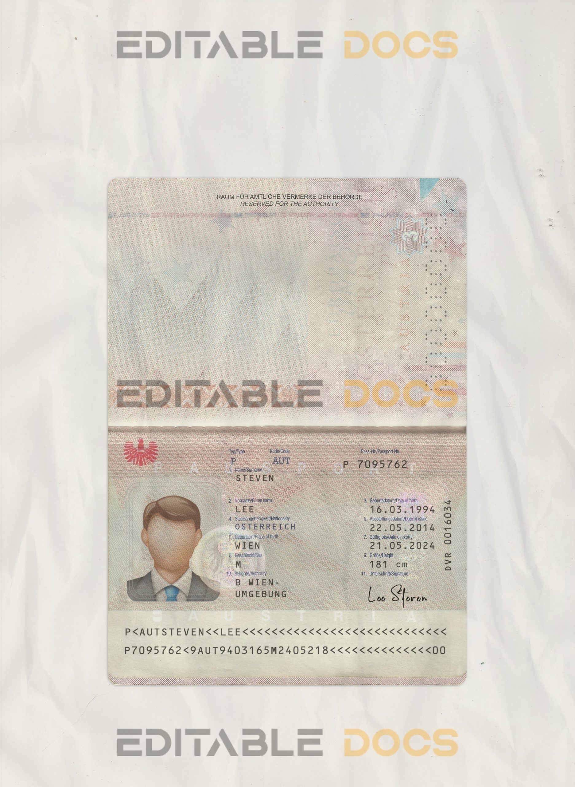 Authentic Austria PSD Passport Template
