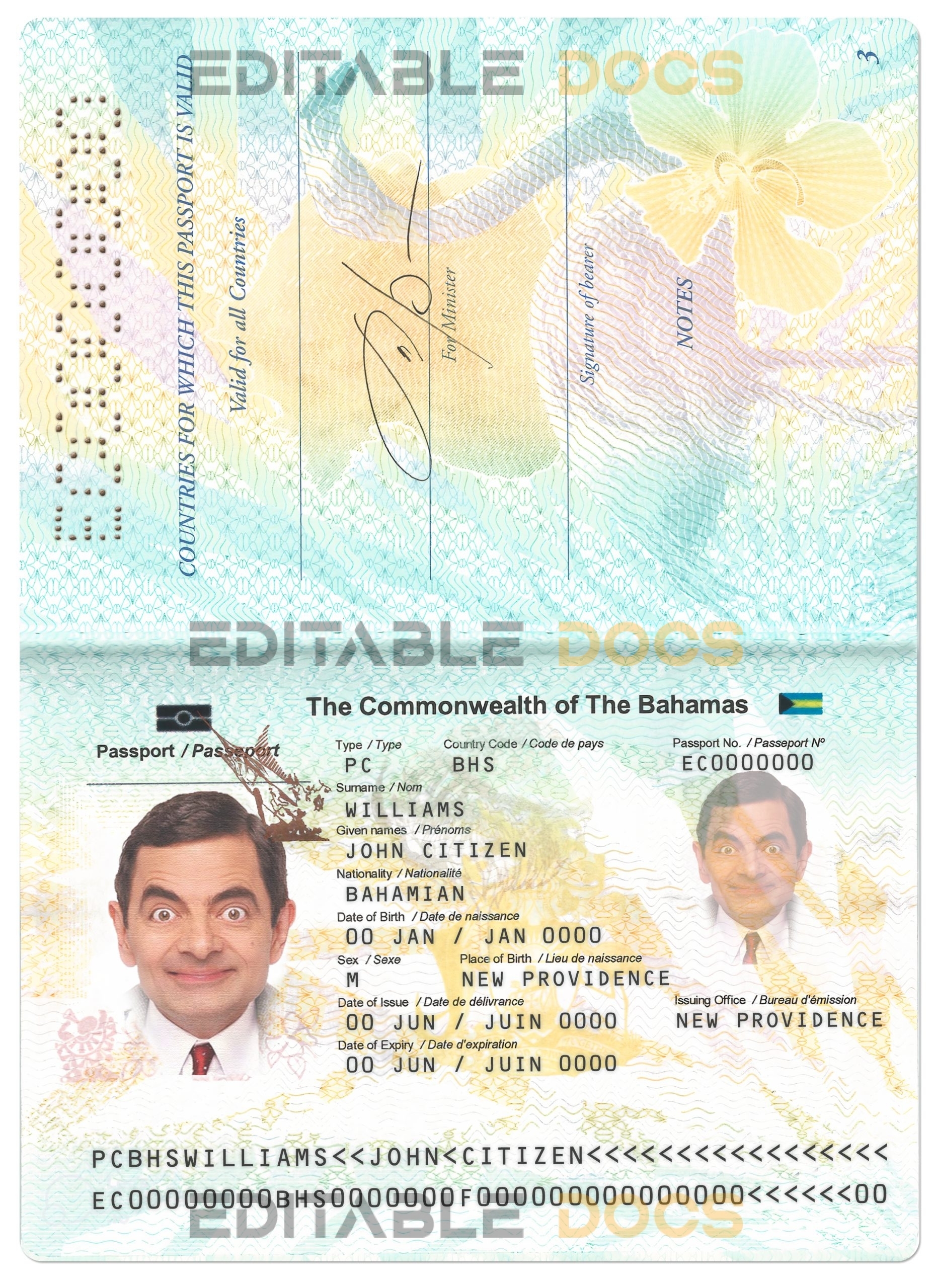 Authentic Bahamas PSD Passport Template