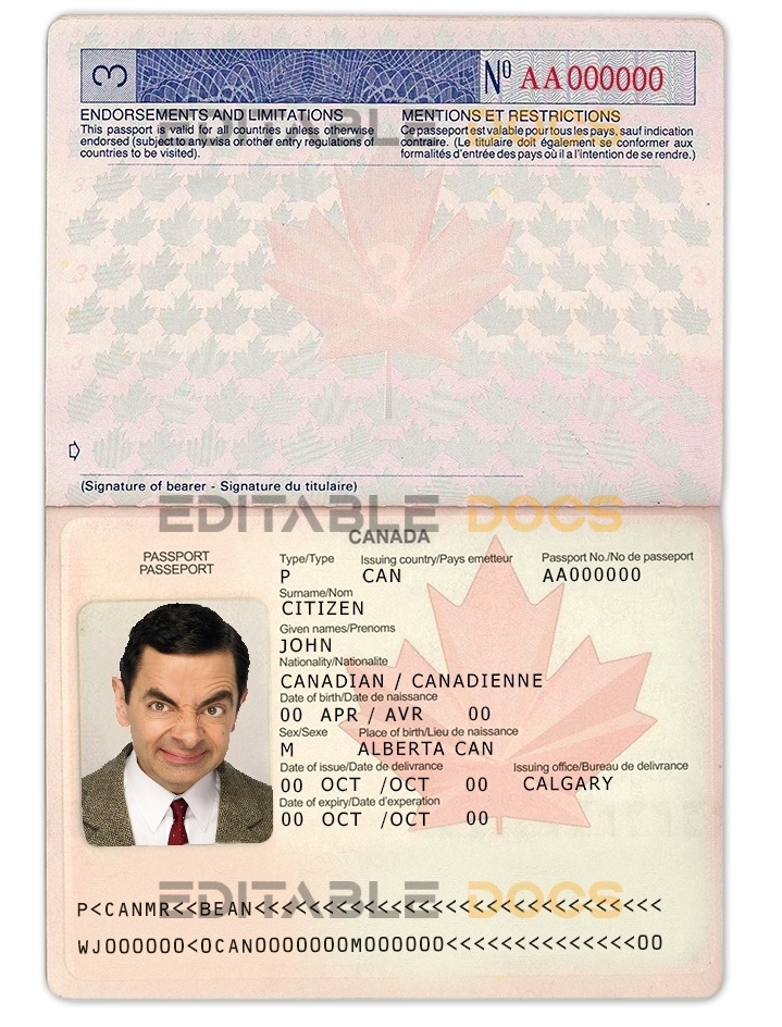 Authentic Canada PSD Passport Template (2002-2010)