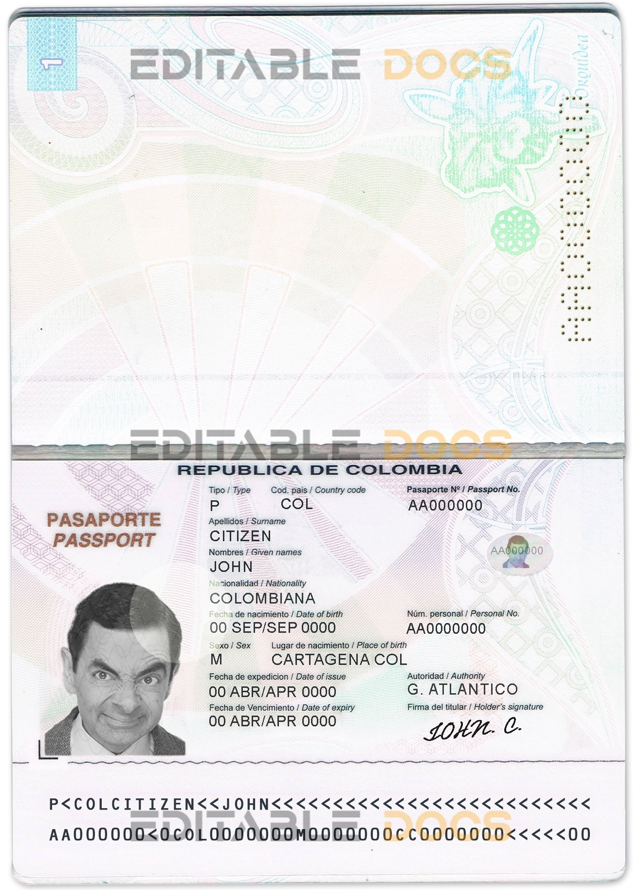 Authentic Colombia PSD Passport Template (2015-2018)