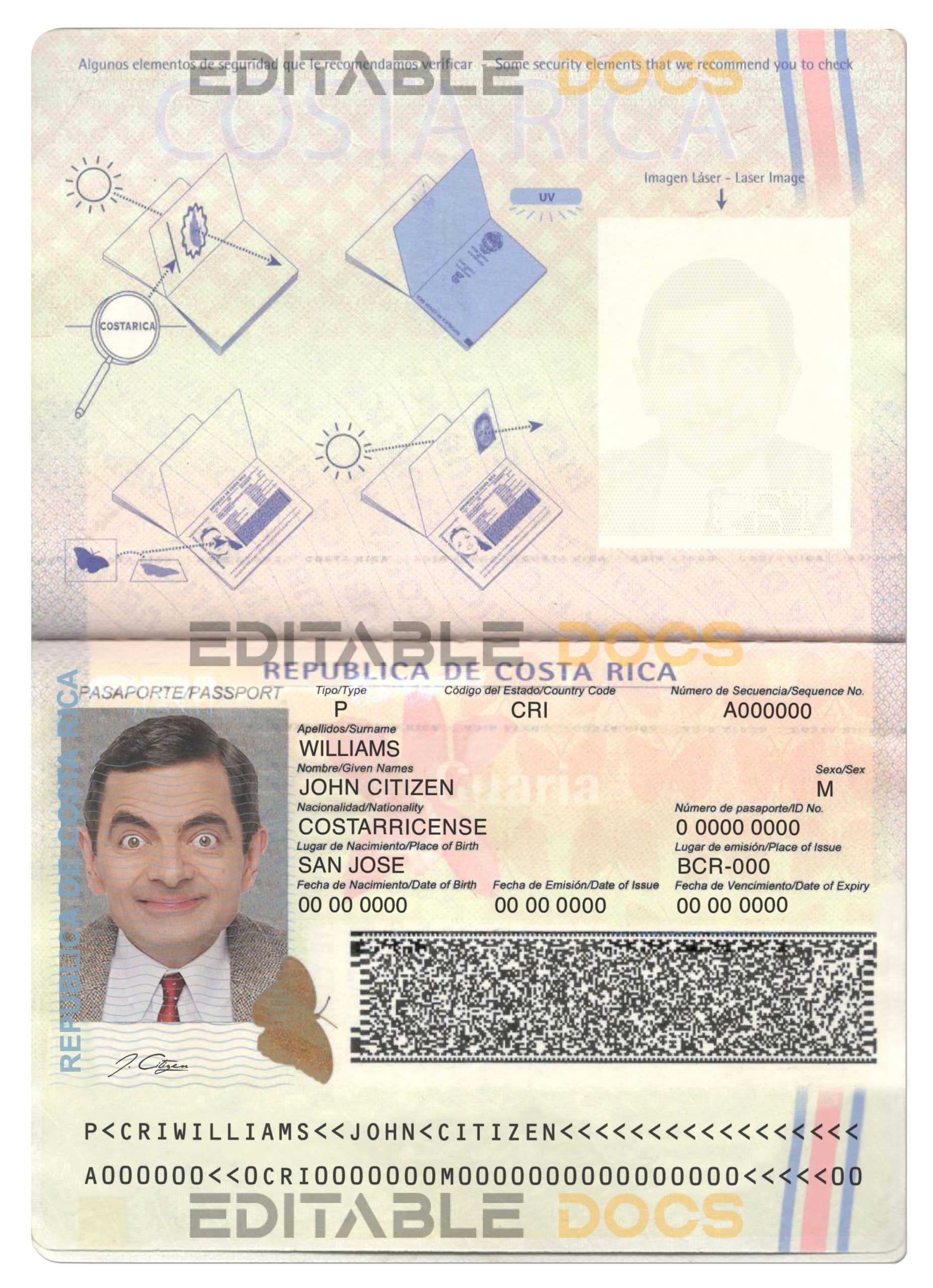 Authentic Costa Rica PSD Passport Template