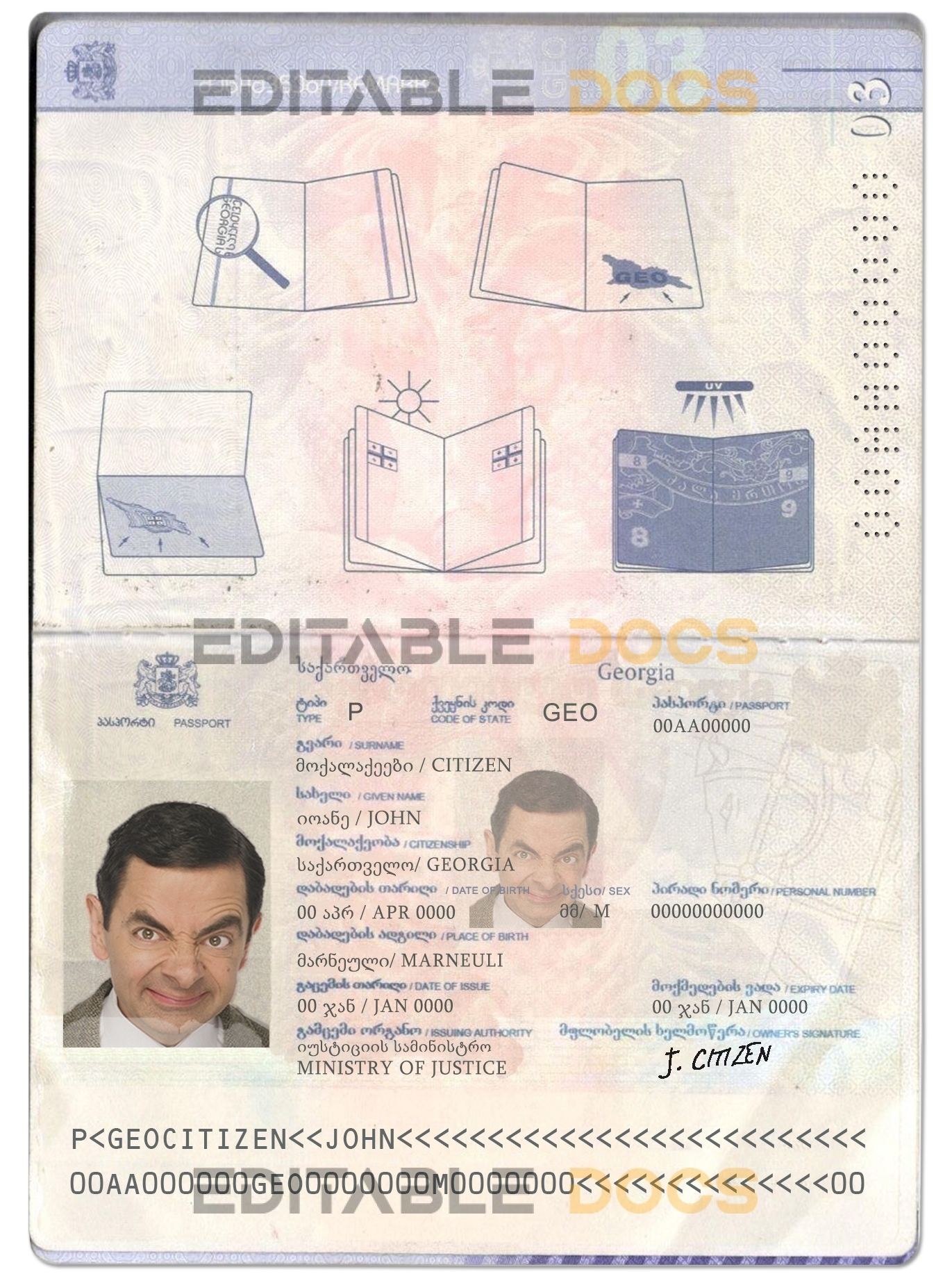 Authentic Georgia PSD Passport Template