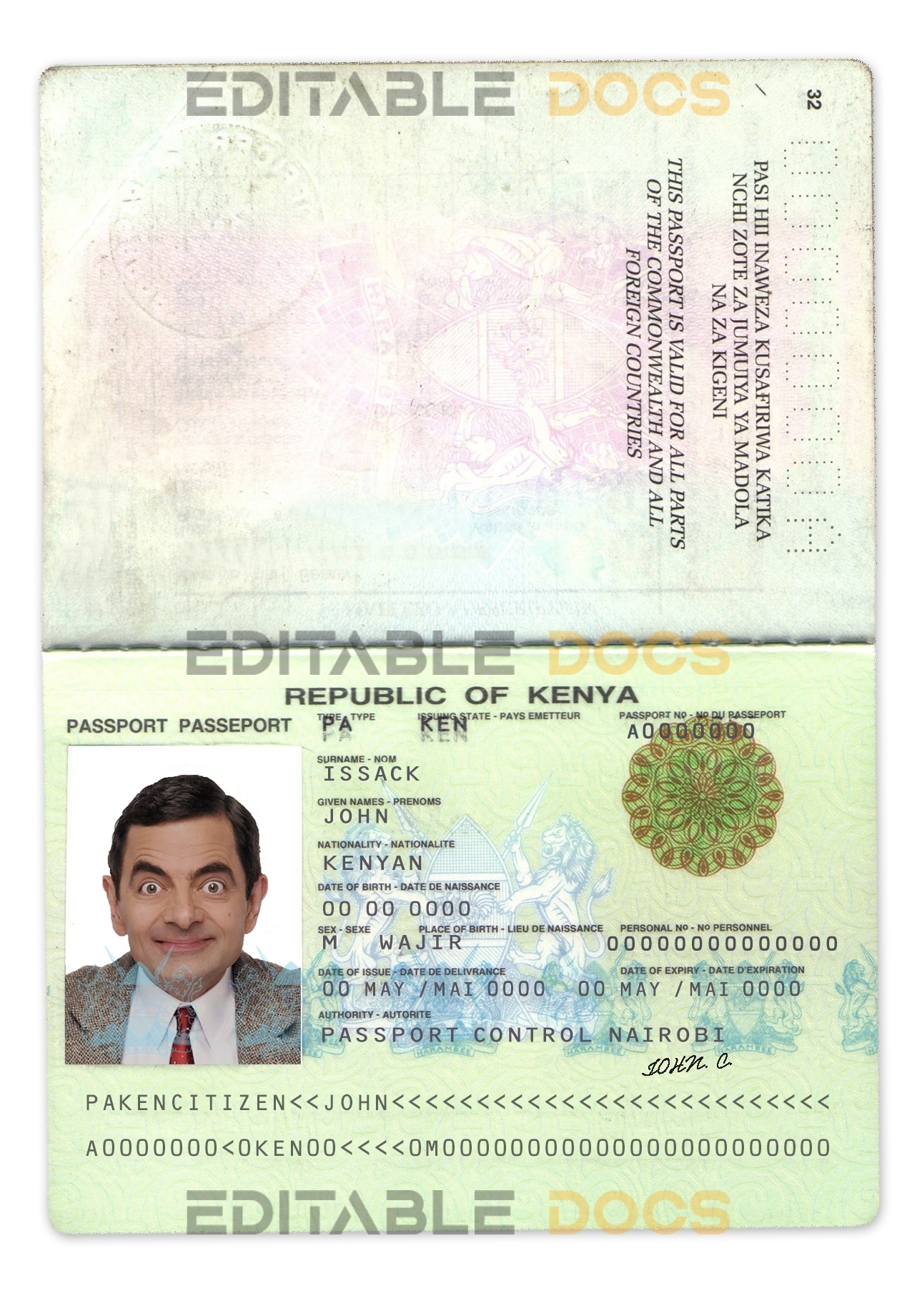 Authentic Kenya PSD Passport Template (2011-2019)