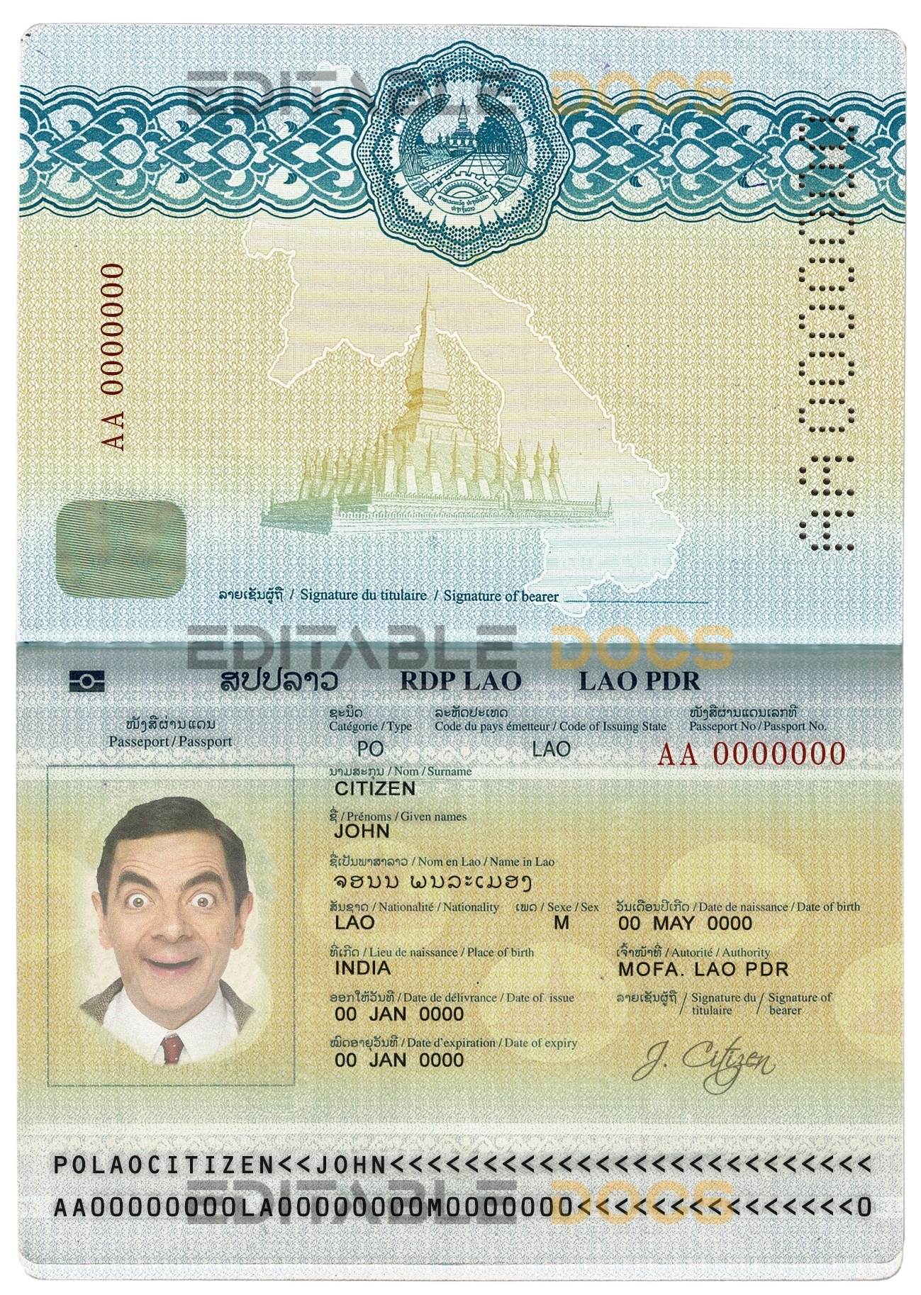Authentic Laos PSD Passport Template