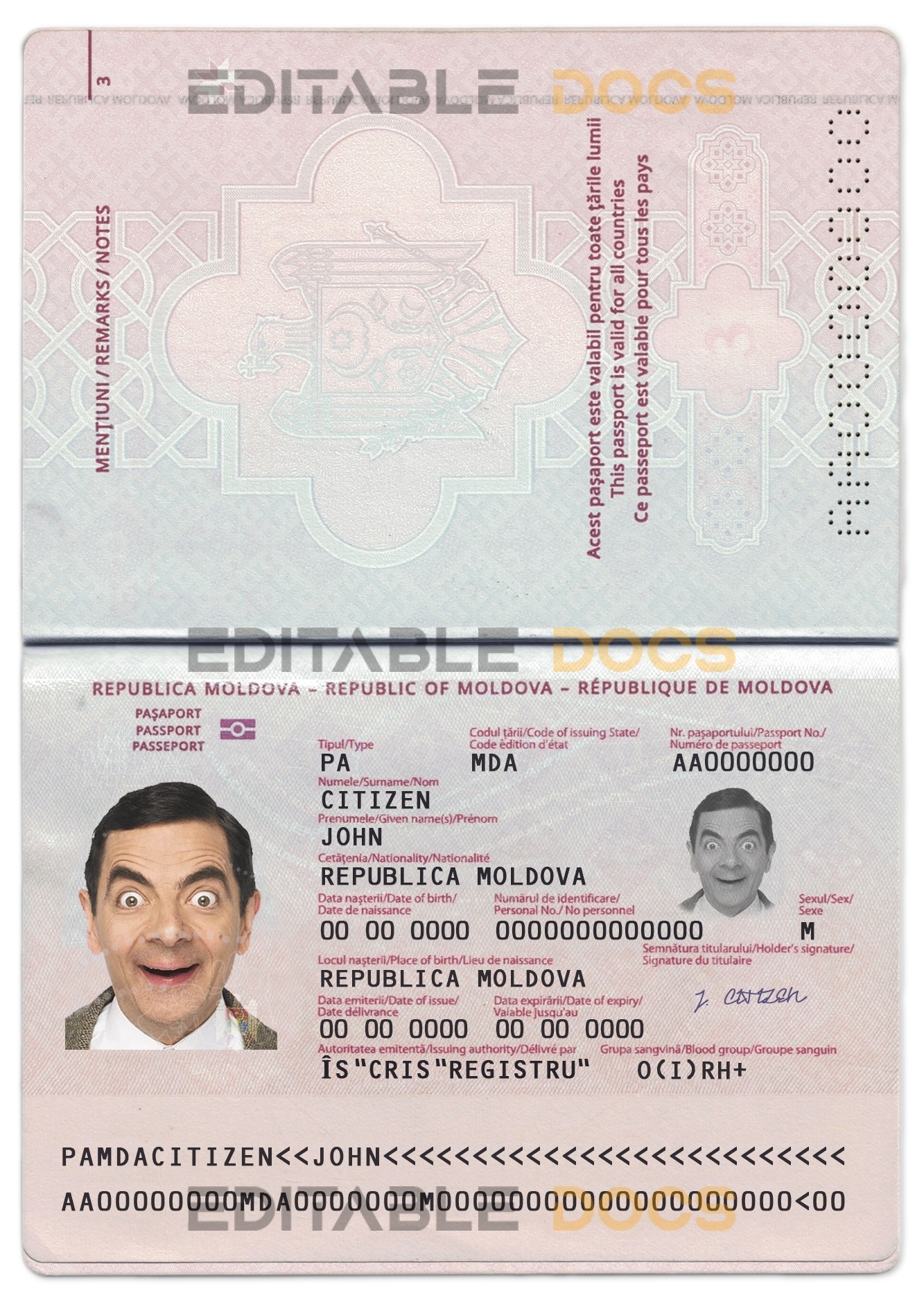 Authentic Moldova PSD Passport Template (2014 – present)