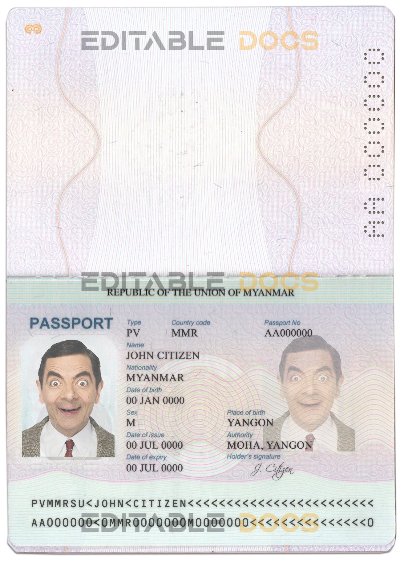 Authentic Myanmar PSD Passport Template