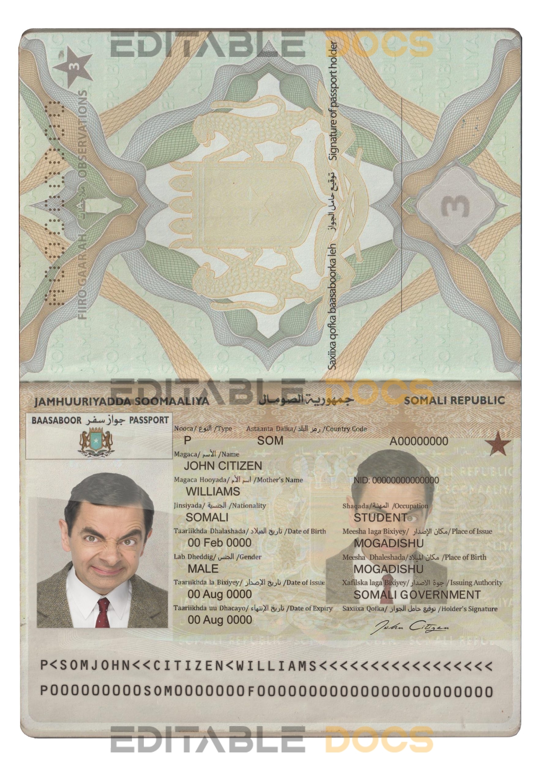 Authentic Somalia (Soomaaliya) PSD Passport Template