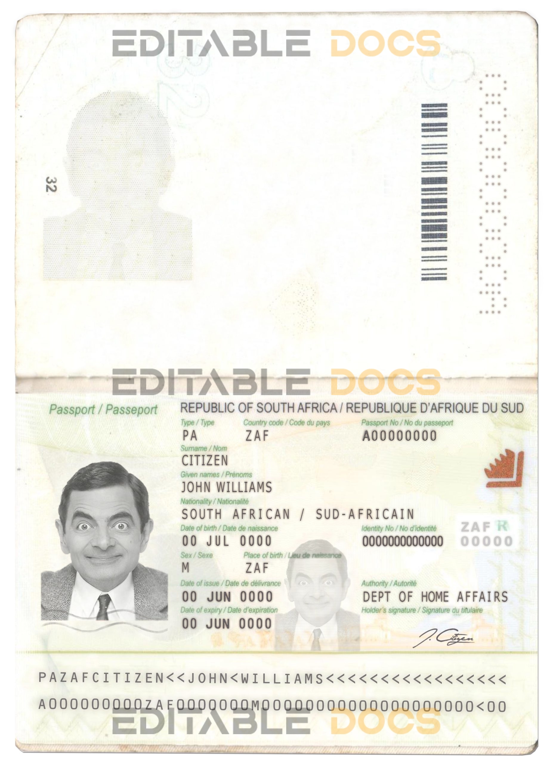 Authentic South Africa PSD Passport Template (2009 – present)