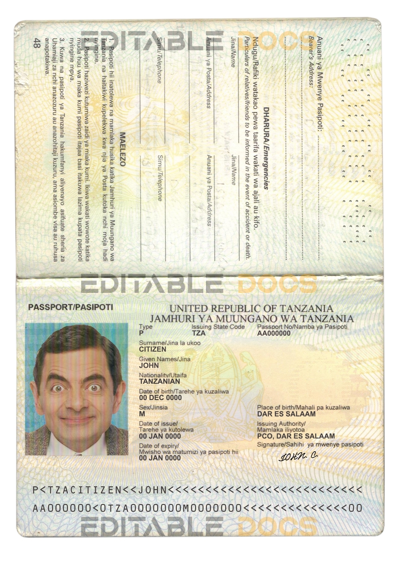 Authentic Tanzania PSD Passport Template