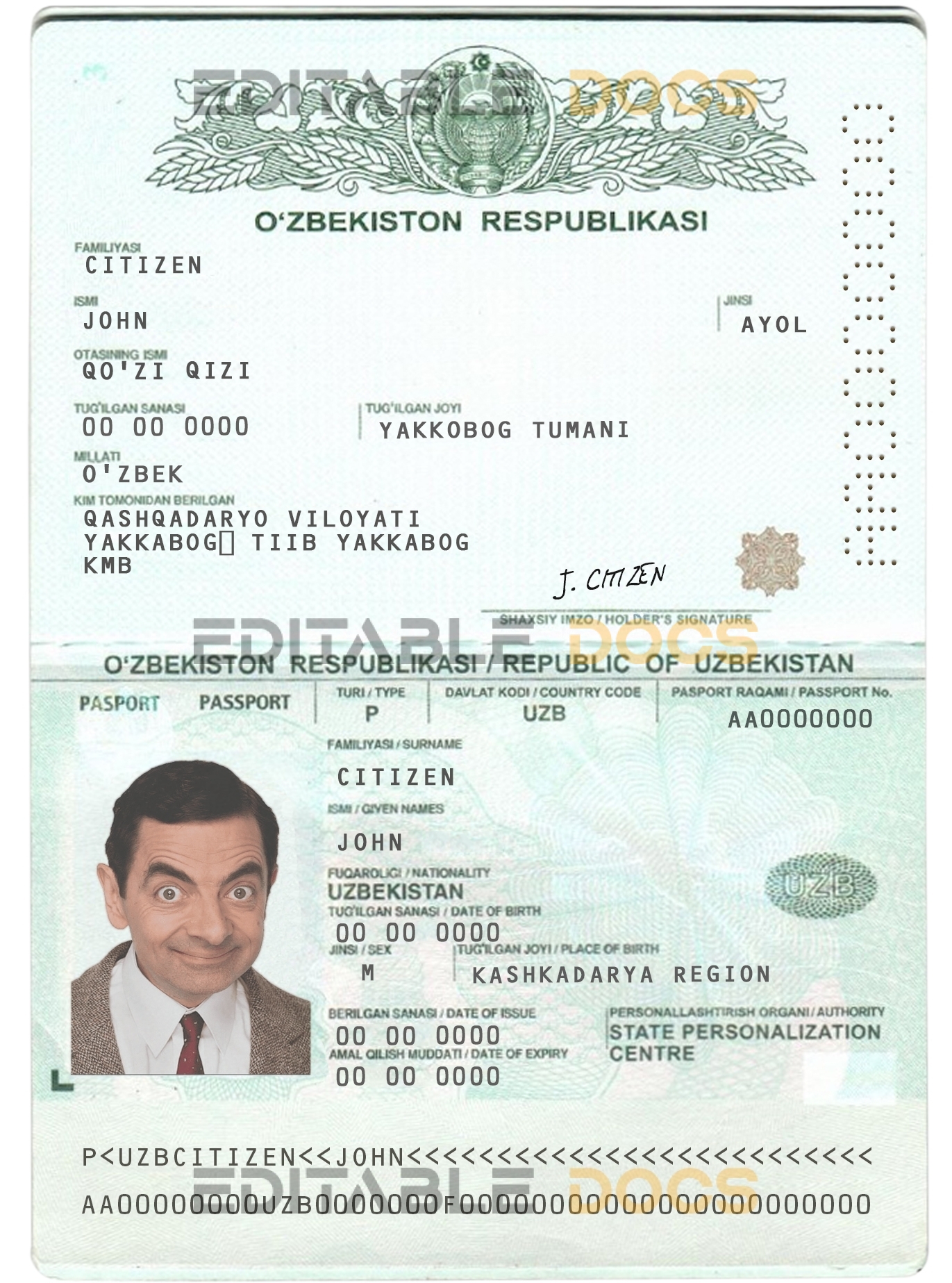 Authentic Uzbekistan PSD Passport Template