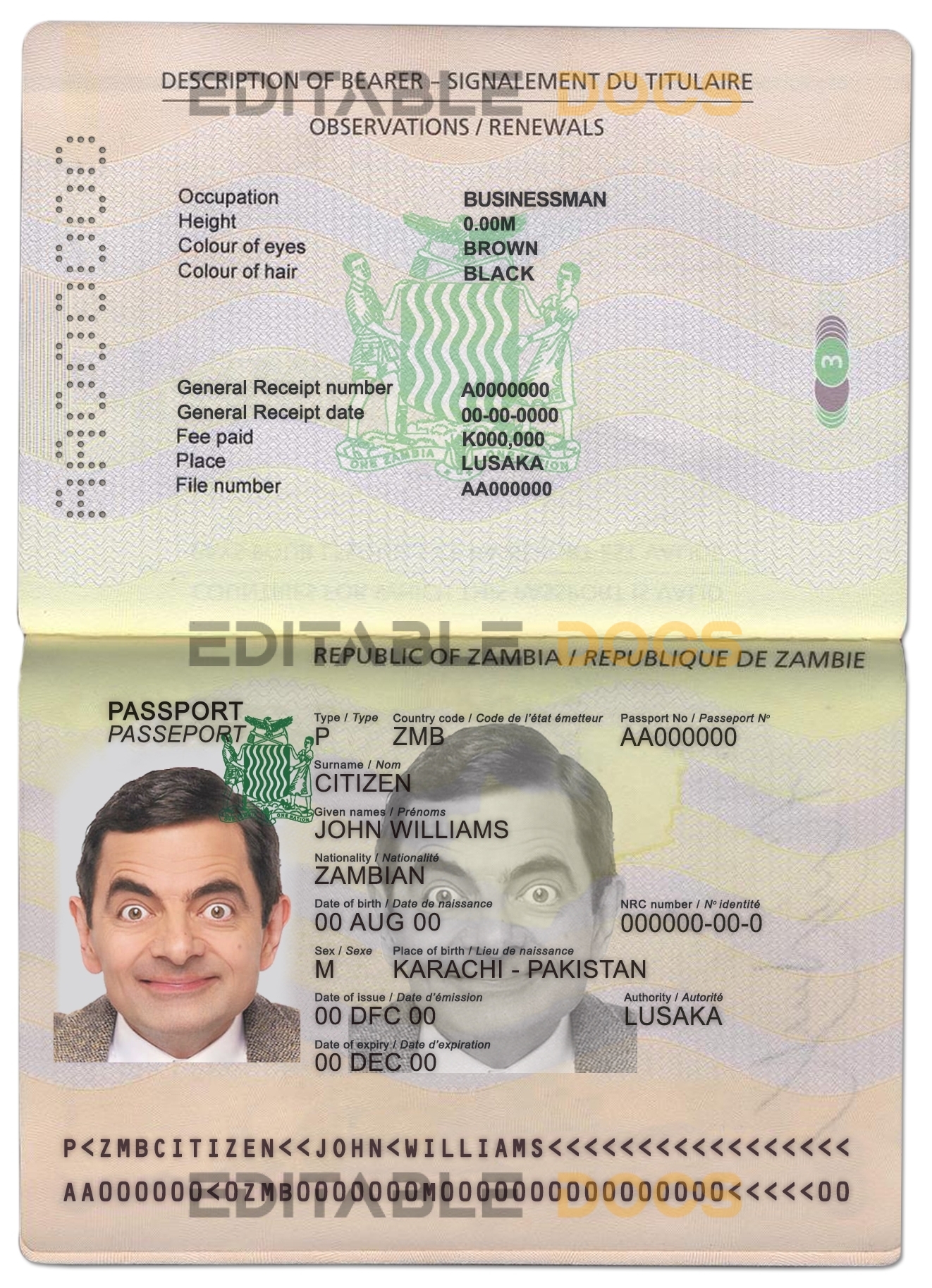 Authentic Zambia PSD Passport Template