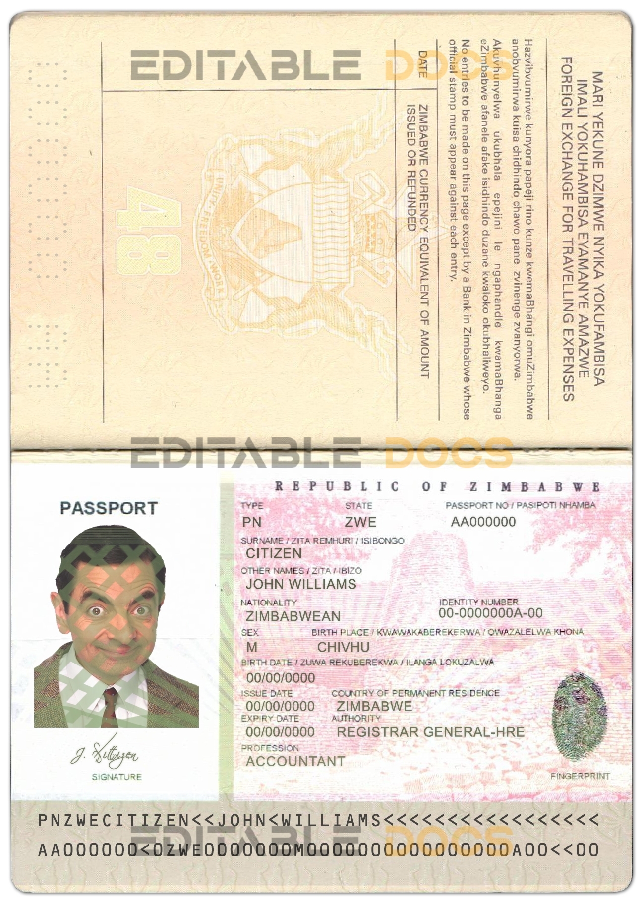 Authentic Zimbabwe PSD Passport Template