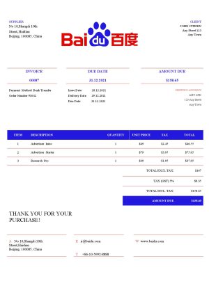 USA Baidu invoice template in Word and PDF format, fully editable