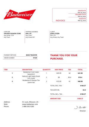 USA Budweiser invoice template in Word and PDF format, fully editable