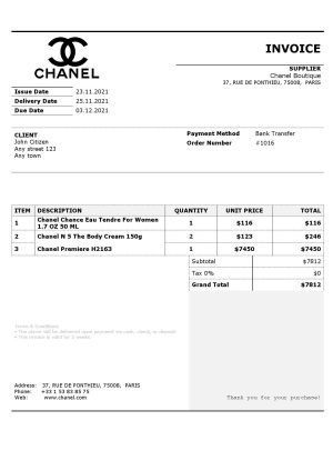 USA Chanel invoice template in Word and PDF format, fully editable