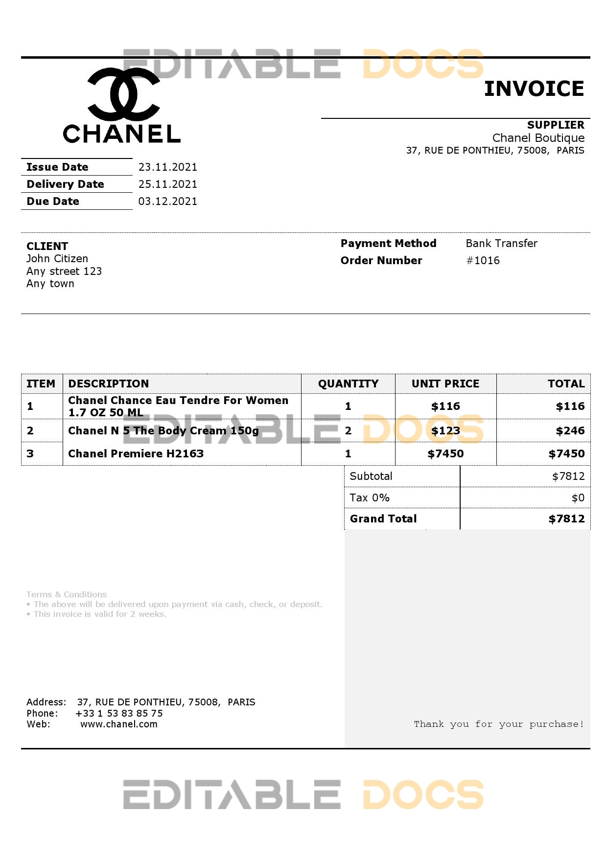 USA Chanel invoice template in Word and PDF format, fully editable