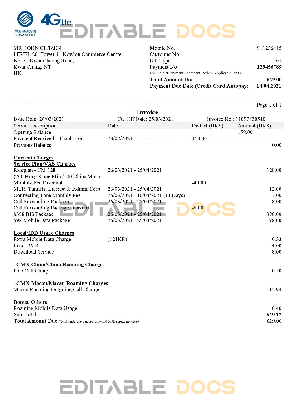 China Mobile Limited payment invoice template in .doc and .pdf format, fully editable