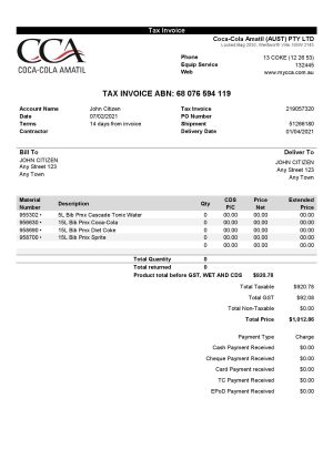 USA Coca-Cola invoice template in Word and PDF format, fully editable