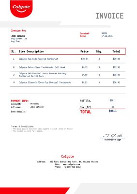 USA Colgate invoice template in Word and PDF format, fully editable