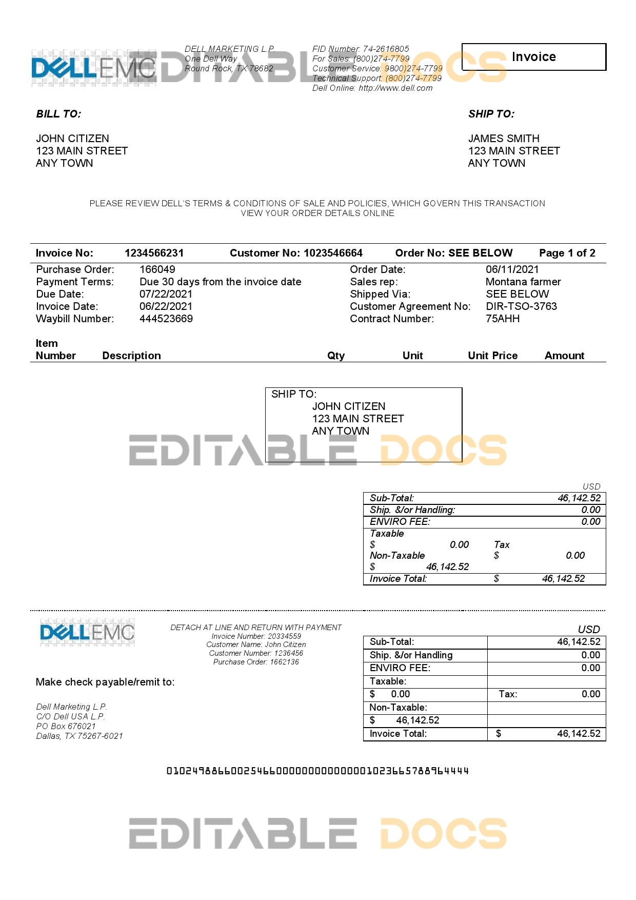 USA Dell Technologies invoice template in Word and PDF format, fully editable