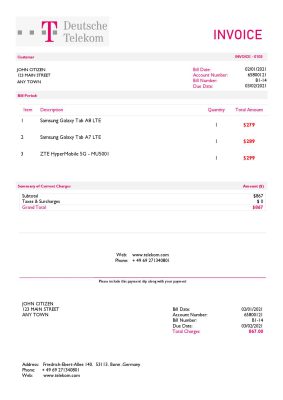 USA Deutsche Telecom invoice template in Word and PDF format, fully editable