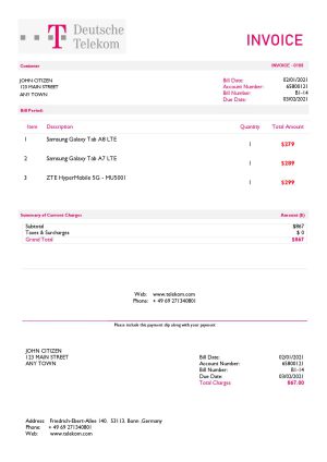 USA Deutsche Telecom invoice template in Word and PDF format, fully editable