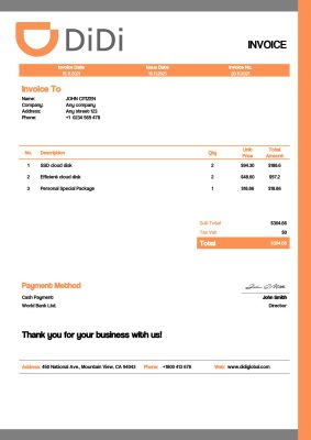 USA Didi Chuxing invoice template in Word and PDF format, fully editable
