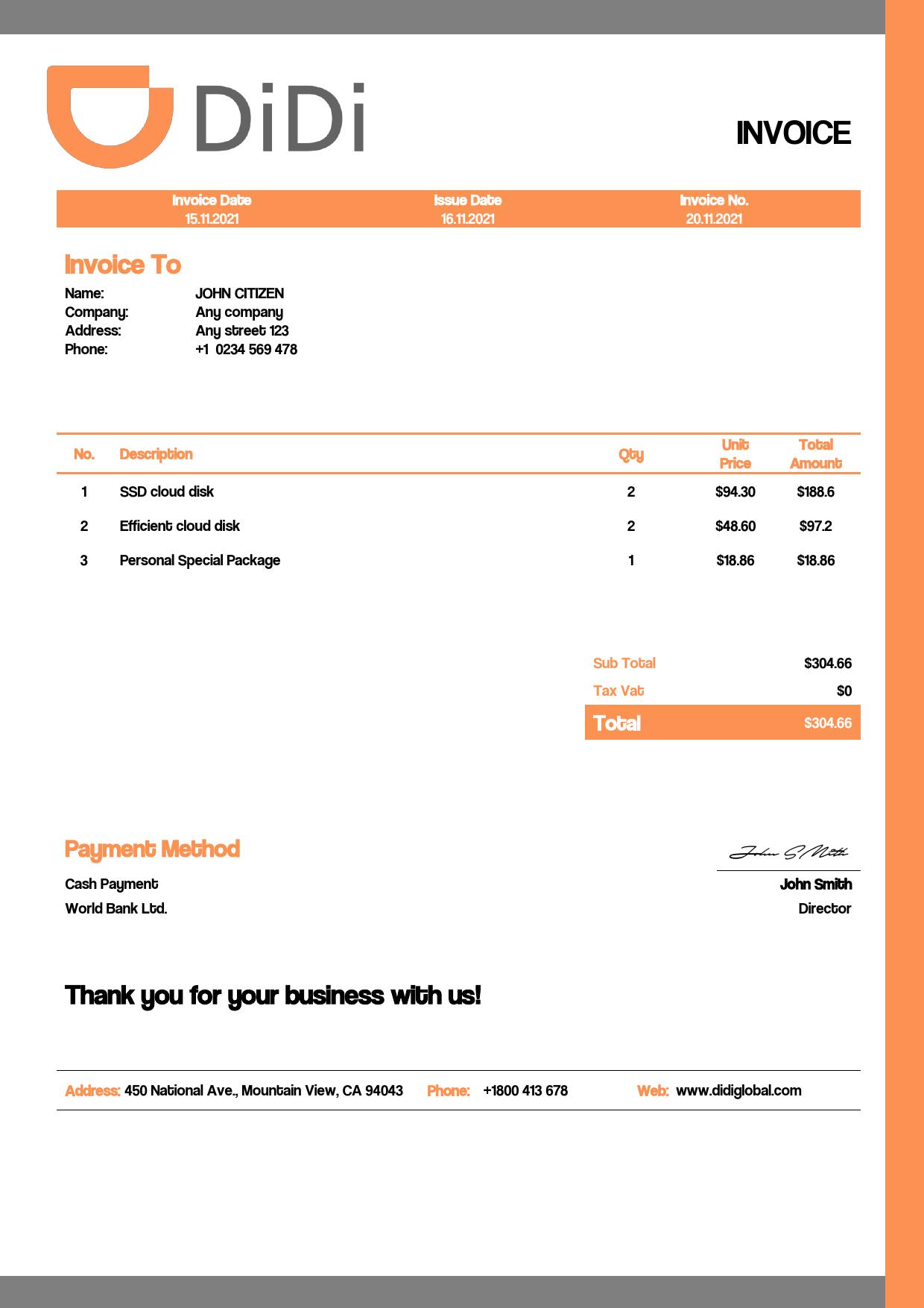 USA Didi Chuxing invoice template in Word and PDF format, fully editable