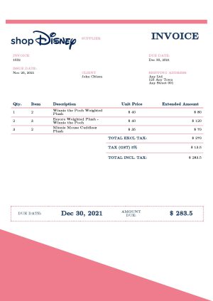 USA Disney invoice template in Word and PDF format, fully editable