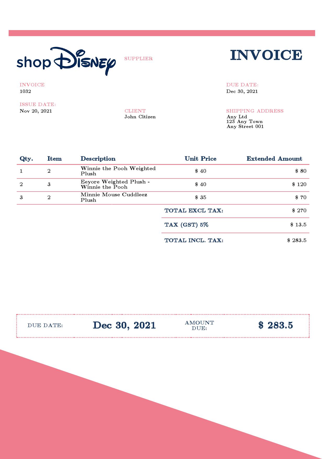 USA Disney invoice template in Word and PDF format, fully editable