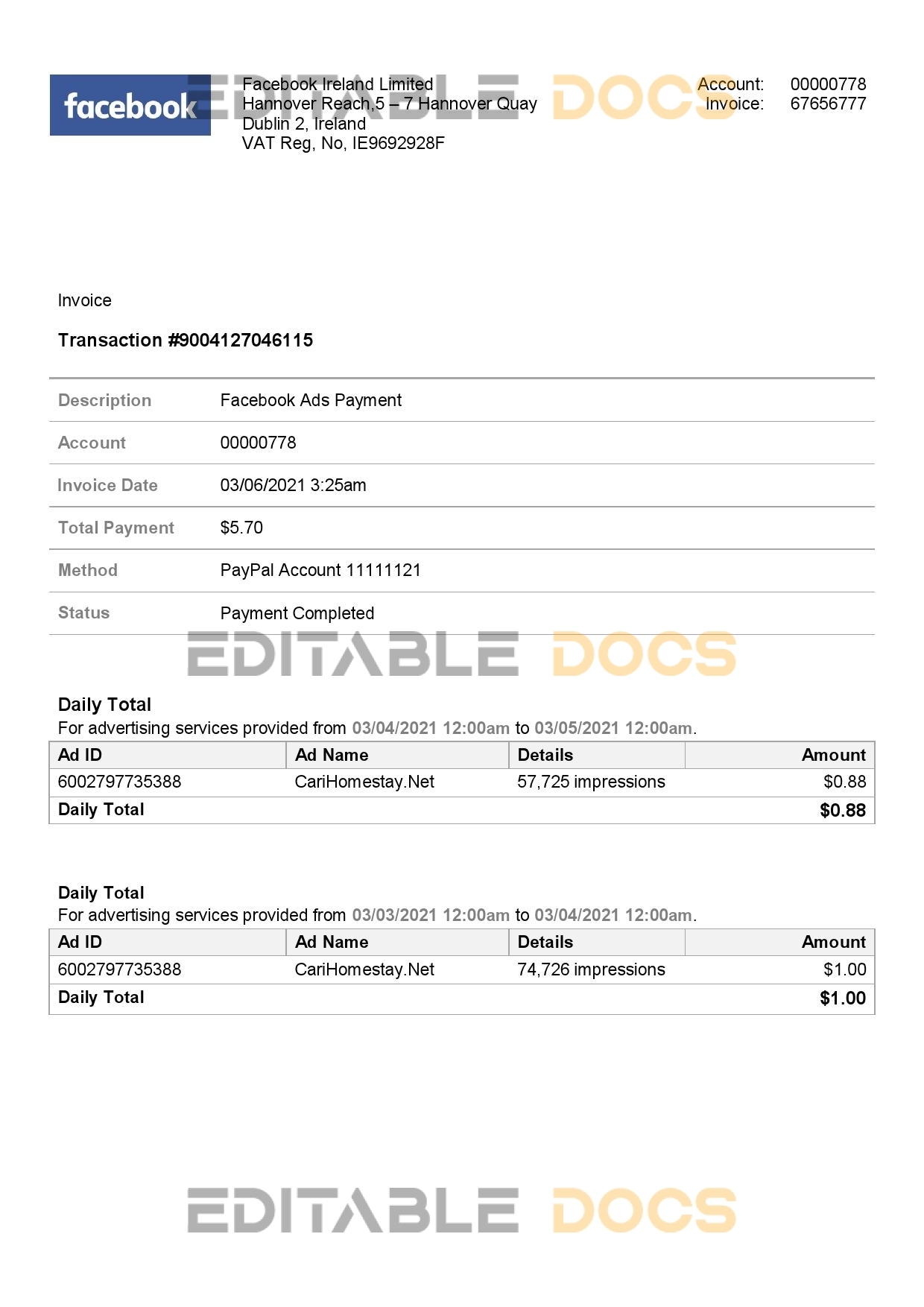 USA Facebook invoice template in Word and PDF format, fully editable