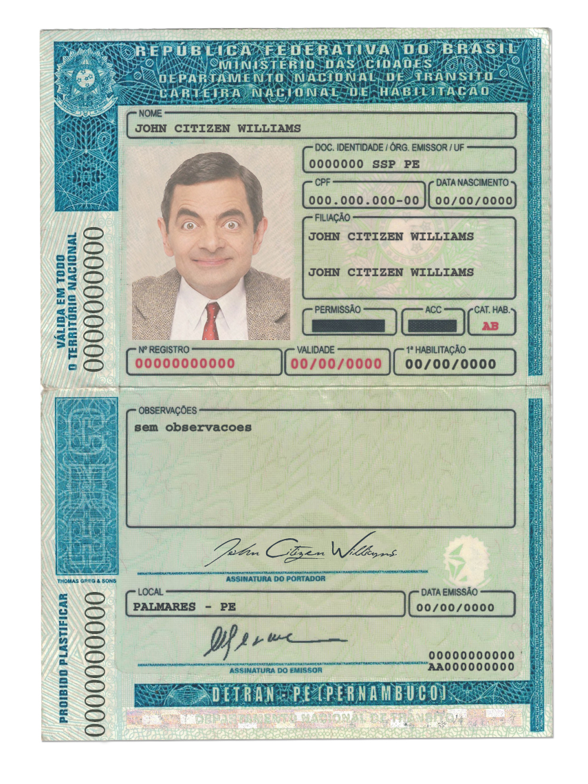 Fake Brazil (Detran-Pe, Pernambuco) Driver License Template | PSD Layer-Based