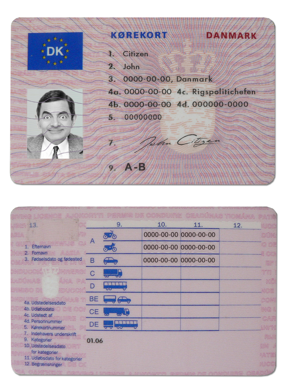 Fake Denmark Driver License Template (1997 – 2013) | PSD Layer-Based