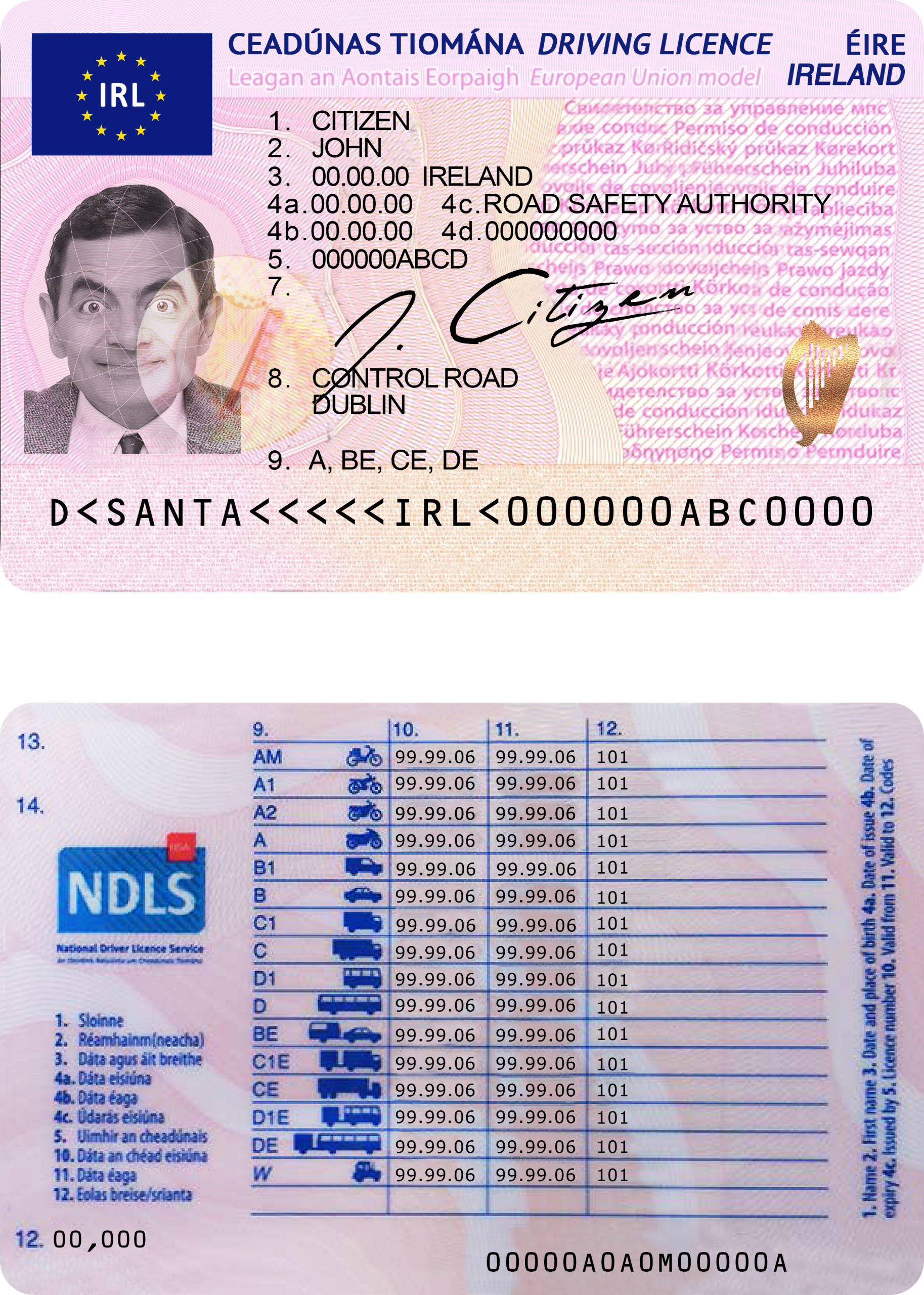 Fake Ireland Driver License Template | PSD Layer-Based