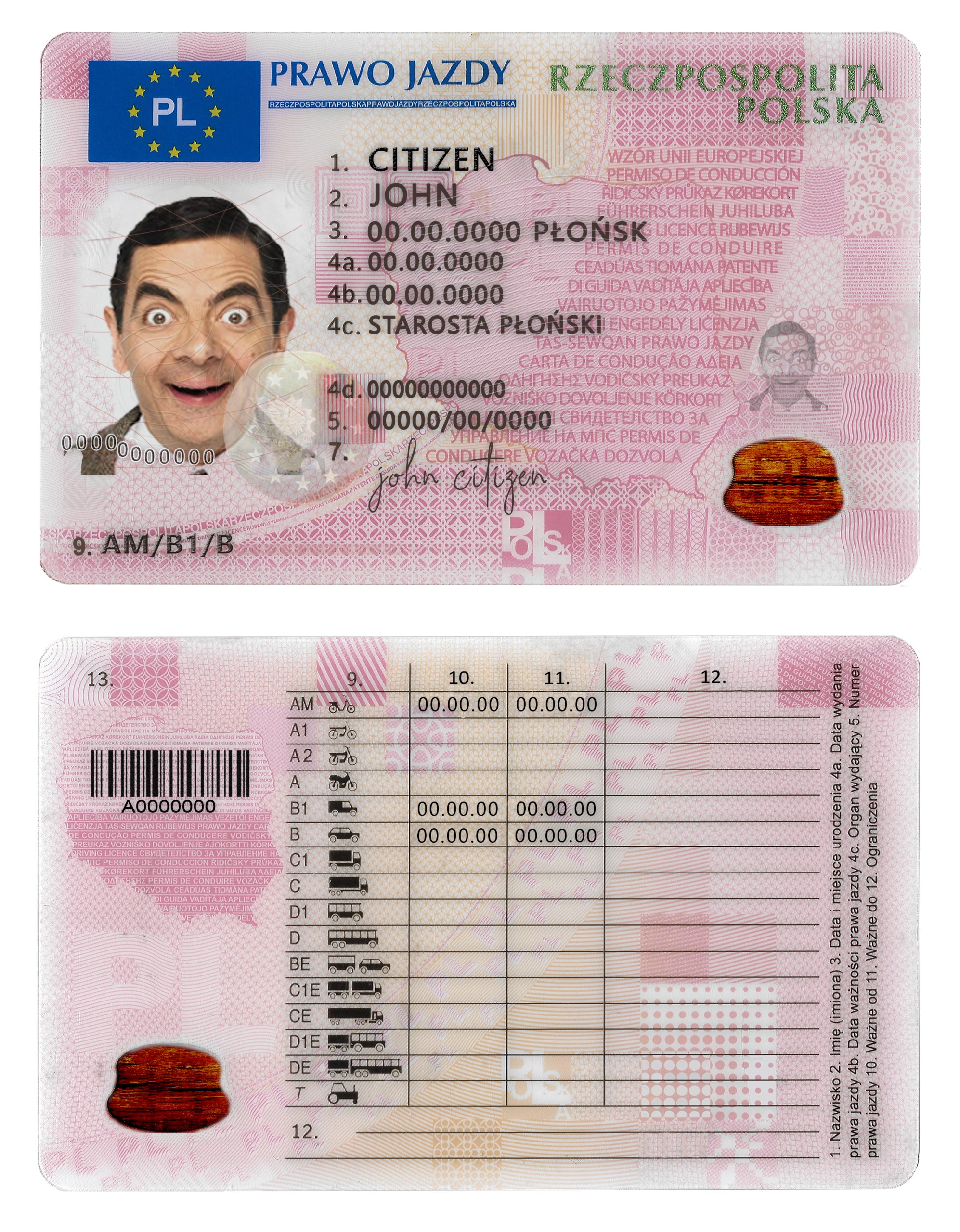 Fake Poland Driver License Template (2019 – present) | PSD Layer-Based