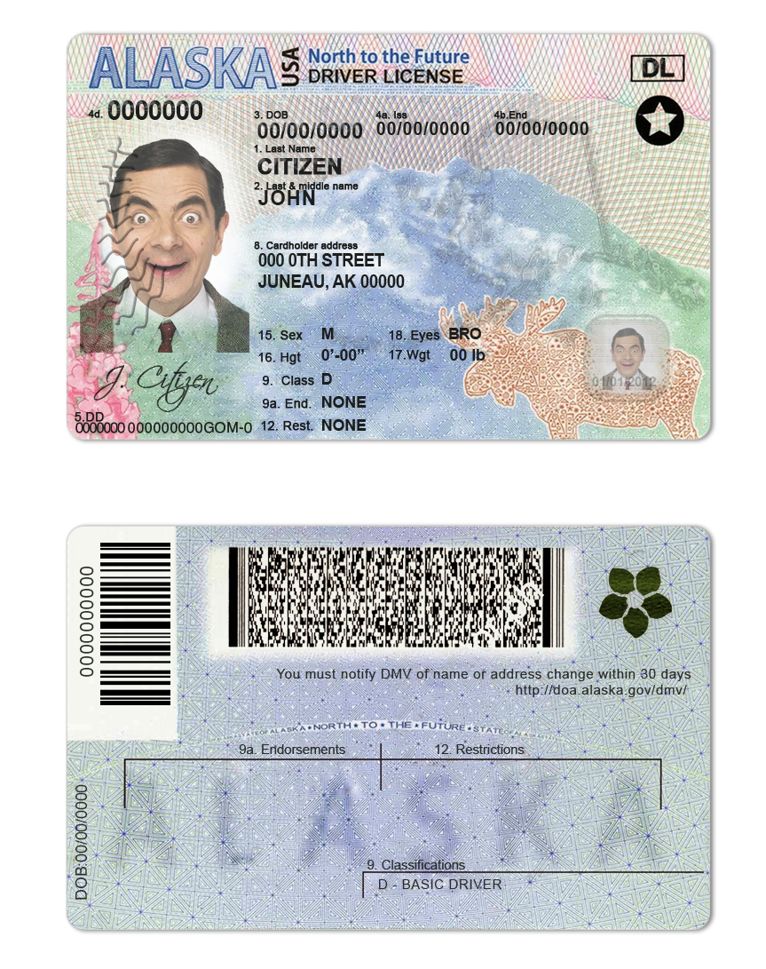 Fake USA Alaska state Driver License Template | PSD Layer-Based