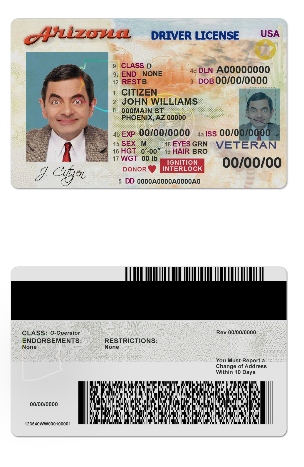 Fake USA Arizona Driver License Template | PSD Layer-Based