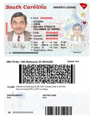 Fake USA South Carolina state Driver License Template