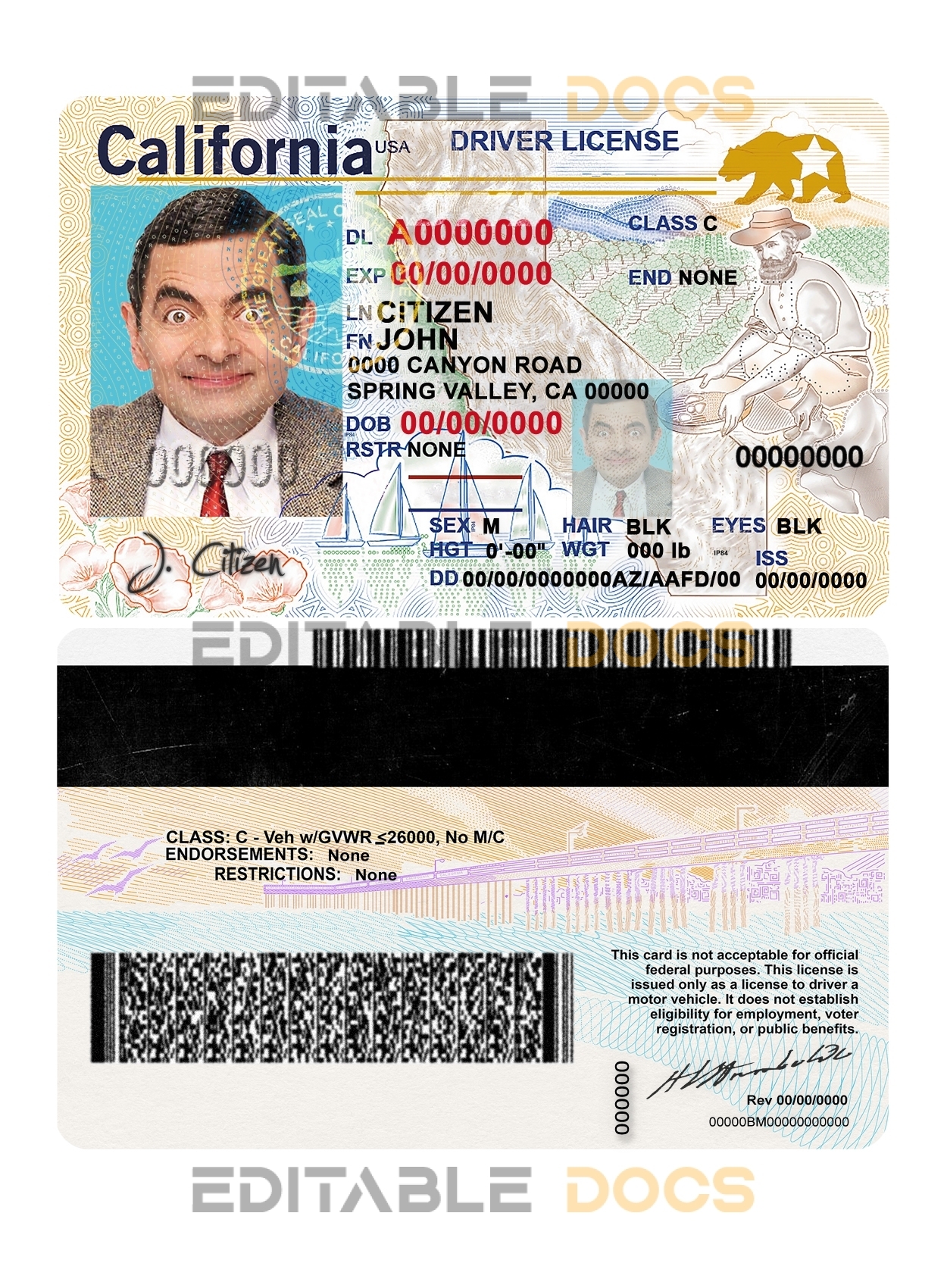 Fake USA state California Driver License Template (2018, January – present) | PSD Layer
