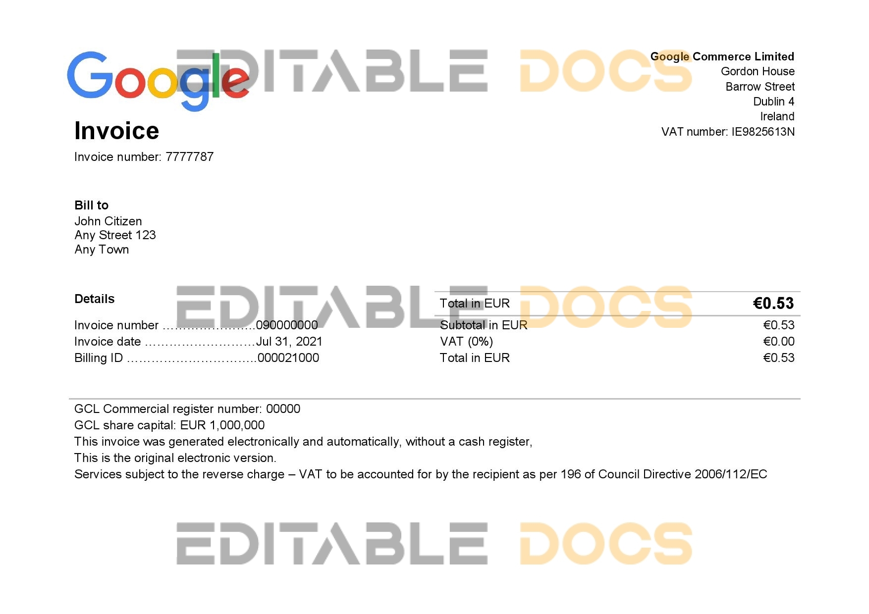 USA Google invoice template in Word and PDF format, fully editable