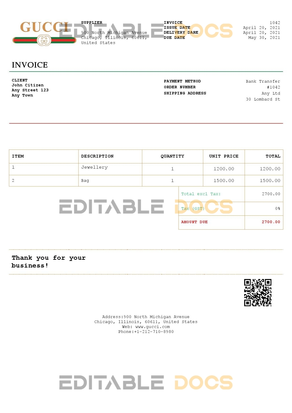 USA Gucci invoice template in Word and PDF format, fully editable
