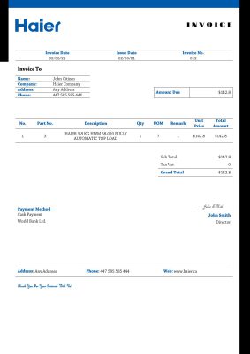 USA Haier invoice template in Word and PDF format, fully editable