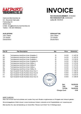 Germany Hardcore Merchandise invoice template in Excel and PDF format