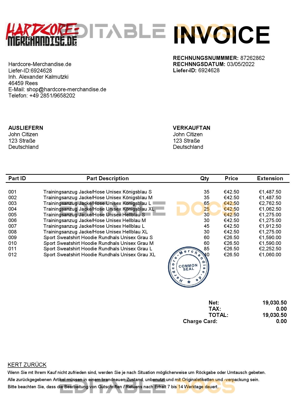 Germany Hardcore Merchandise invoice template in Word and PDF format