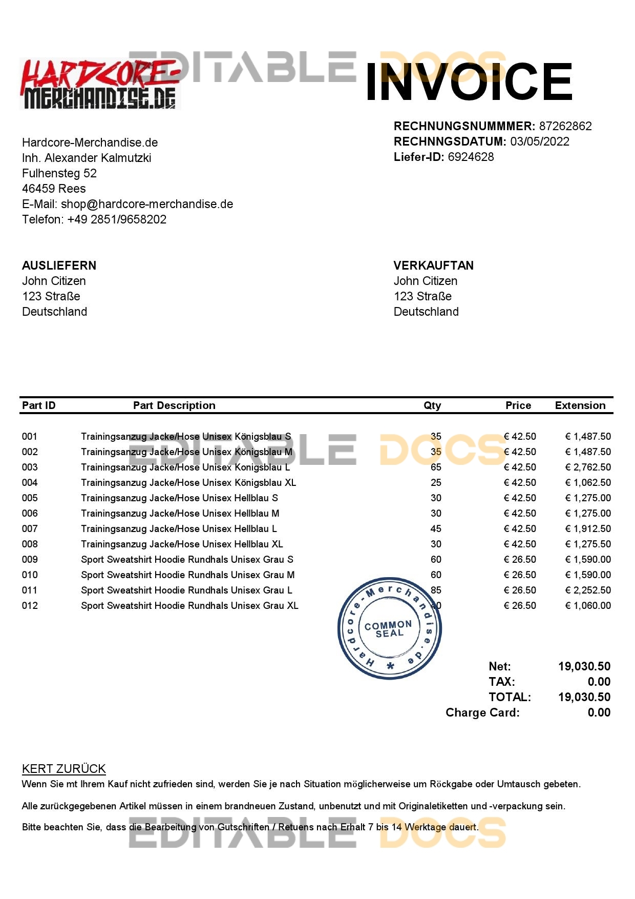 Germany Hardcore Merchandise invoice template in Excel and PDF format