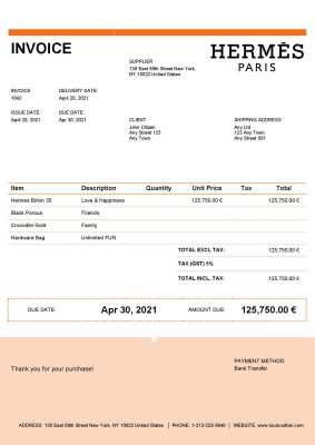USA Hermes invoice template in Word and PDF format, fully editable