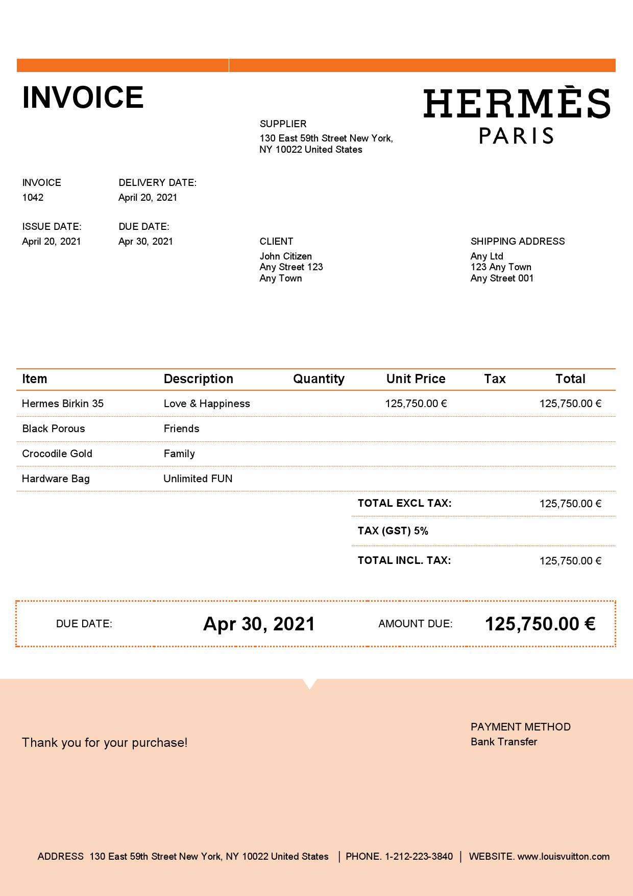 USA Hermes invoice template in Word and PDF format, fully editable