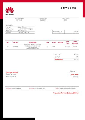 USA Huawei invoice template in Word and PDF format, fully editable