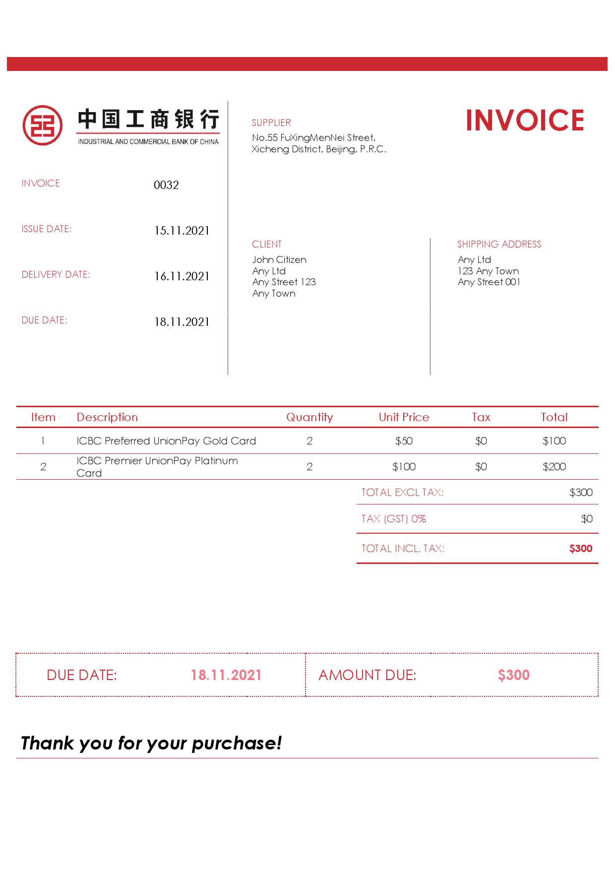 USA ICBC invoice template in Word and PDF format, fully editable